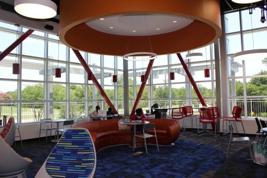The Teen Room at the John and Judy Gay Library has space for a number of people and provides lots of color and light. (Miranda Jaimes/Community Impact Newspaper)