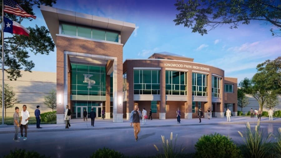 PBK Architects provided two entrance options for Kingwood Park High School board members to consider with white and red bricks. (Courtesy Humble ISD) 