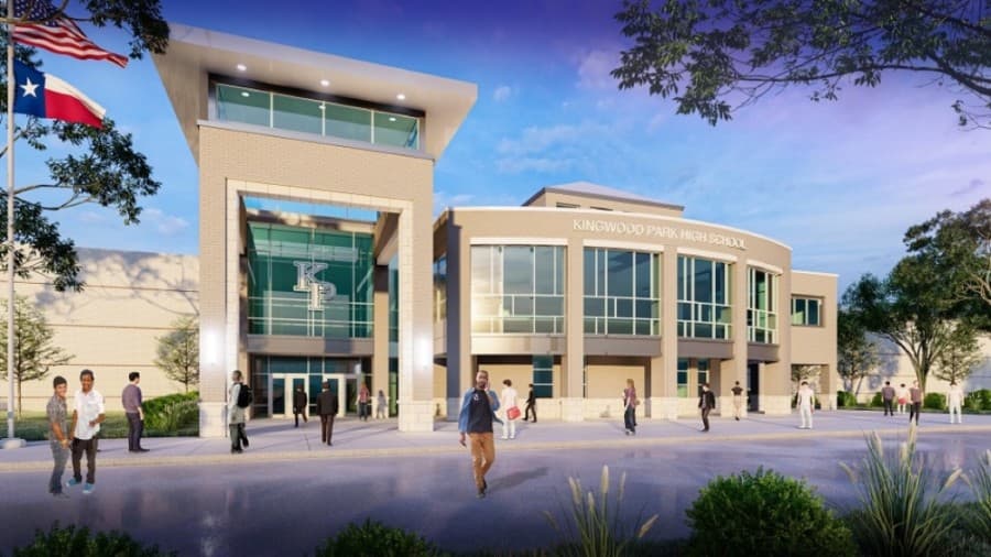 PBK Architects provided two entrance options for Kingwood Park High School board members to consider with white and red bricks. (Courtesy Humble ISD)