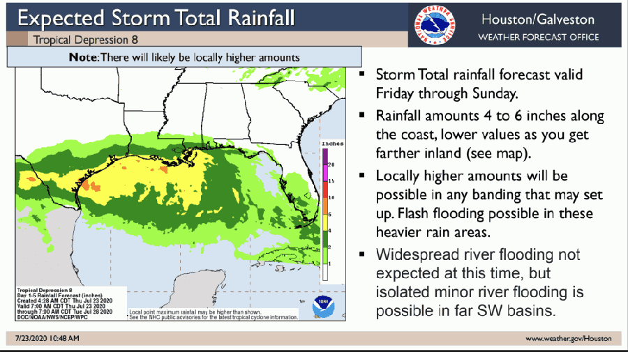 Rains and flash flooding are the main concerns along coastal areas, as well as gusty winds and elevated tides. (Courtesy National Weather Service)