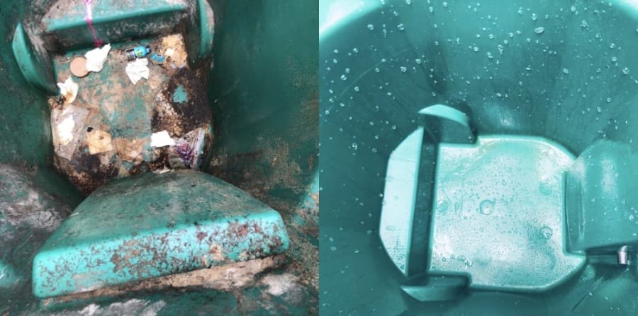 Blazing Bins’ process includes cleaning and sanitizing trash bins using 190-degree water and eco-friendly products. (Courtesy Blazing Bins)