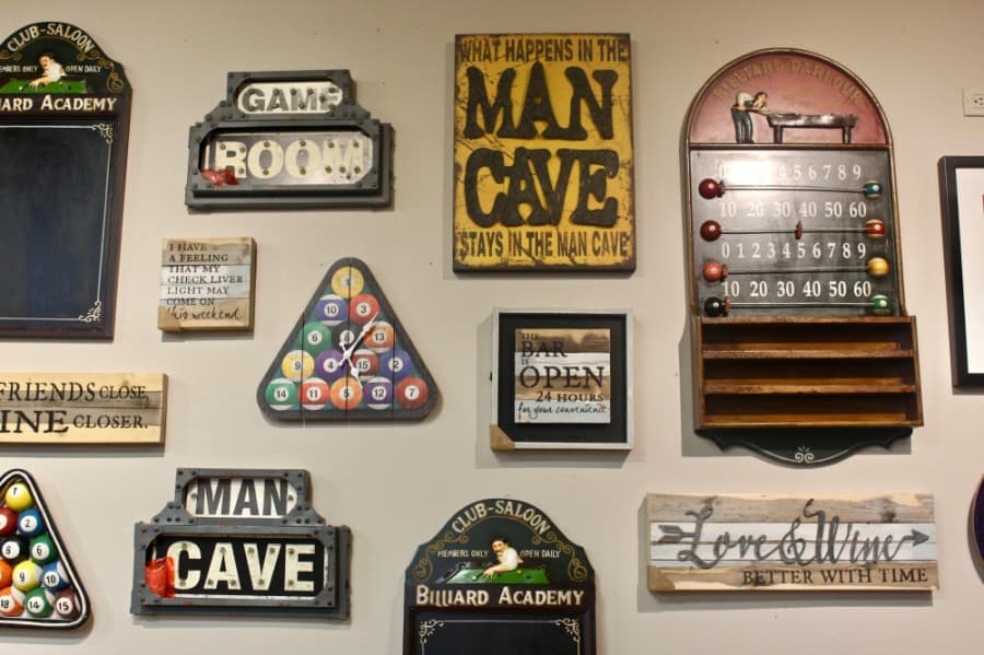 Decor options for “man caves” and other spaces are on hand, as are cue stands, wall racks and other fixtures.
