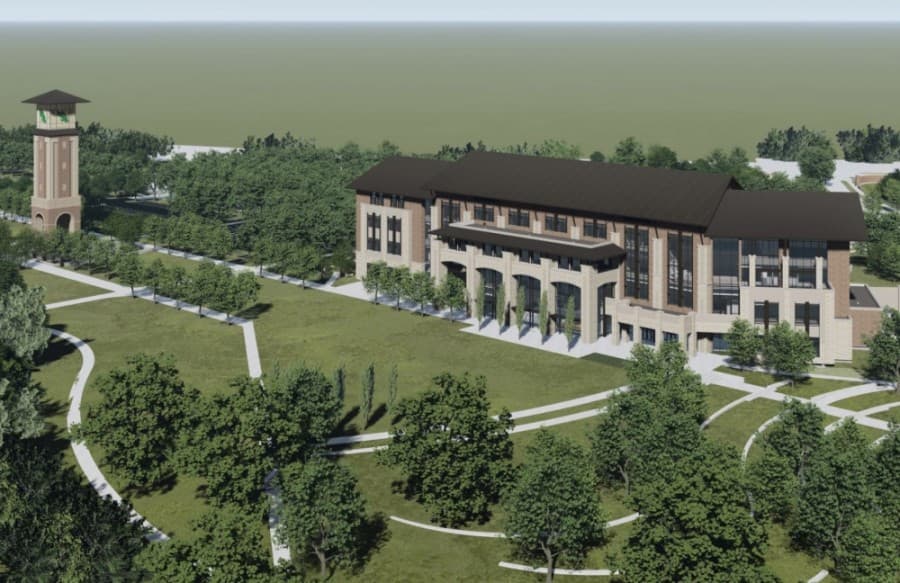 Here is a courtyard view of the branch campus's first building. (Rendering courtesy University of North Texas)