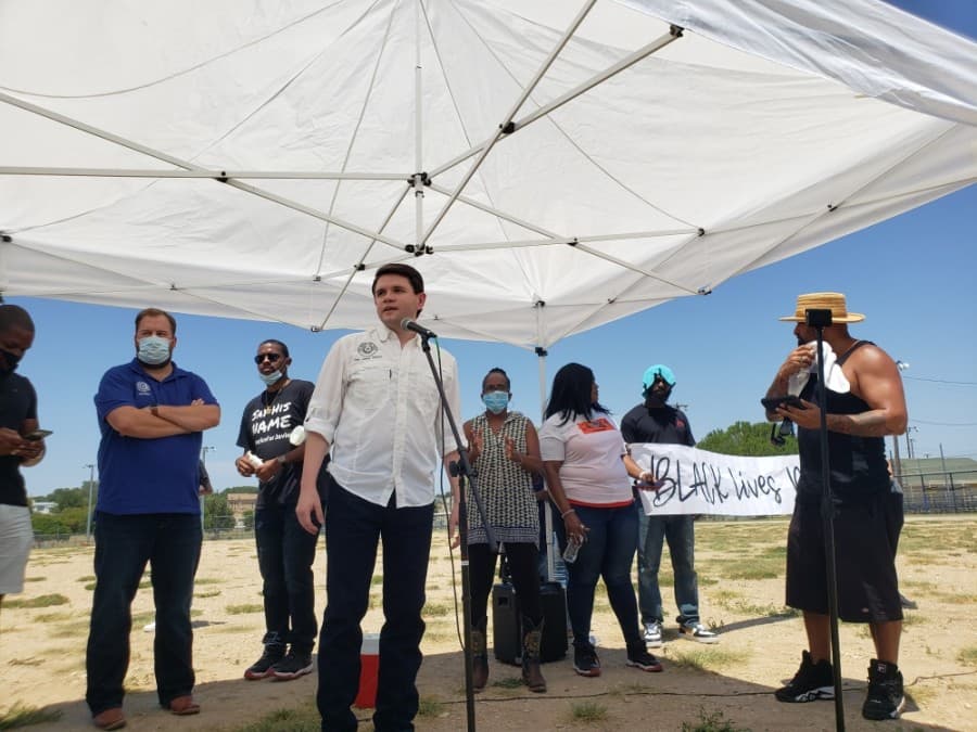 State Rep. James Talarico, D-Round Rock, spoke at the Pushing for Justice Caravan for Javier Ambler on Aug. 15. (Ali Linan/Community Impact Newspaper)