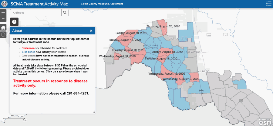 Montgomery County's South County Mosquito Abatement program has treated several areas of Precinct 3 and has additional treatment planned Aug. 18-20. (Screenshot via Montgomery County)