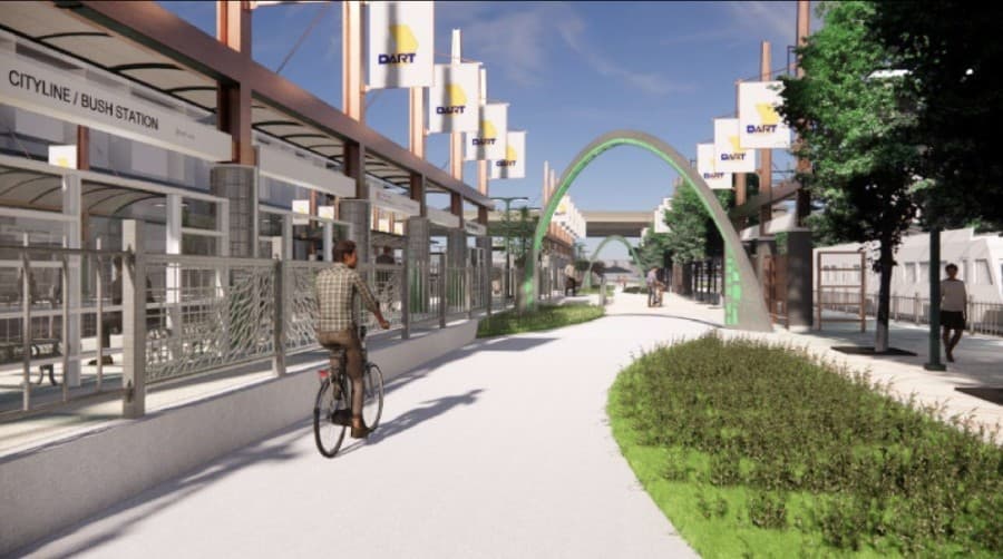 The CityLine/Bush station will have arches along its greenspace—a symbol that represents the growth of Richardson in the future. (Courtesy Dallas Area Rapid Transit)