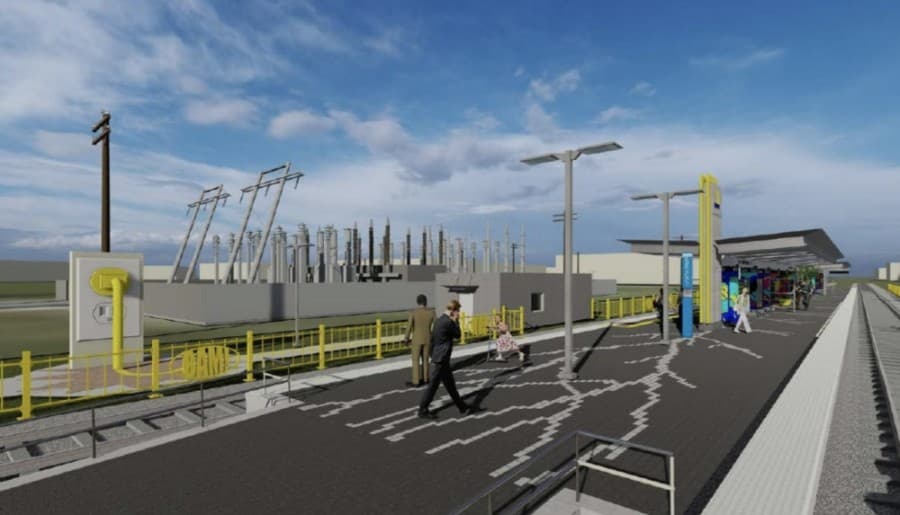 The Shiloh Road station's design will include pop art energy words that will cover each column, with each word alluding to a powerful part of the area, like the power of nature and the area's parks. Electrical lighting-like patterns will be included on pavement and other parts of the station. (Courtesy Dallas Area Rapid Transit)