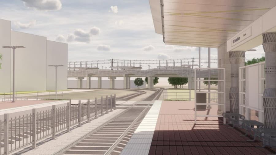 Brick and iron will be used along the 12th Street at-grade station platform and the shape of gears or machines will be included. (Courtesy Dallas Area Rapid Transit)