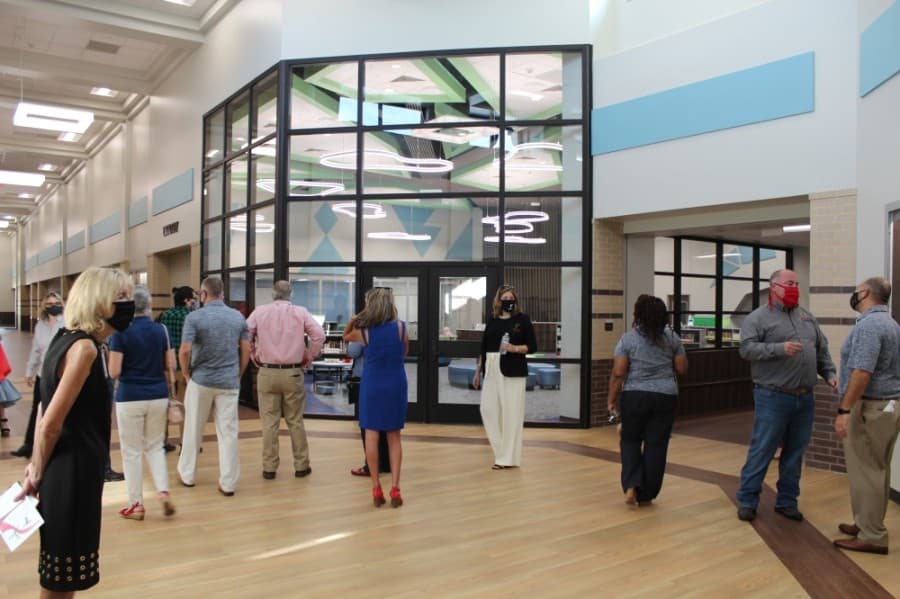 Visitors for the ribbon cutting were able to tour the entryway of the new elementary school; additional tours were limited due to COVID-19 precautions. (Anna Lotz/Community Impact Newspaper)