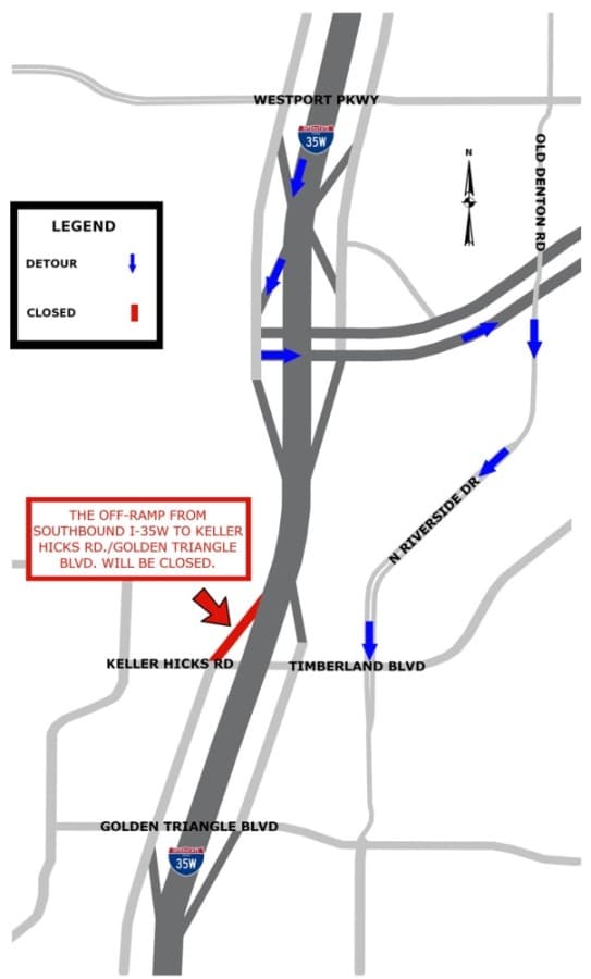 Keller Hicks Road off-ramp at I-35W facing long-term closure
