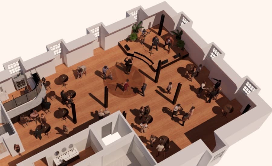 This rendering depicts how the second floor event space can be used. It includes a stage, a dance floor and a bar. (Courtesy City Post)