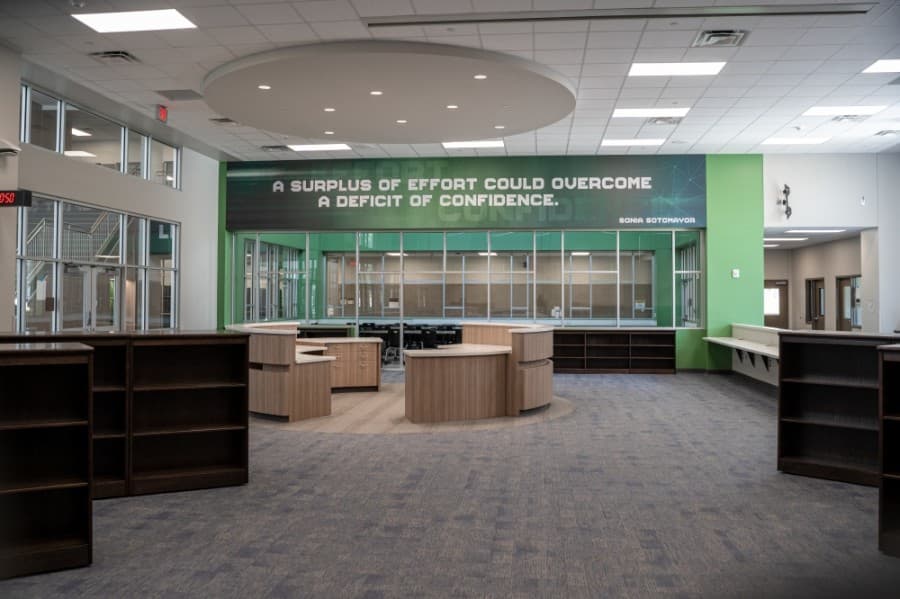 The Spring High School Ninth-Grade Center features a media center, a black box theater, dining commons, dance and art labs, a gymnasium, culinary and science labs, and several collaboration hubs. (Courtesy Spring ISD)