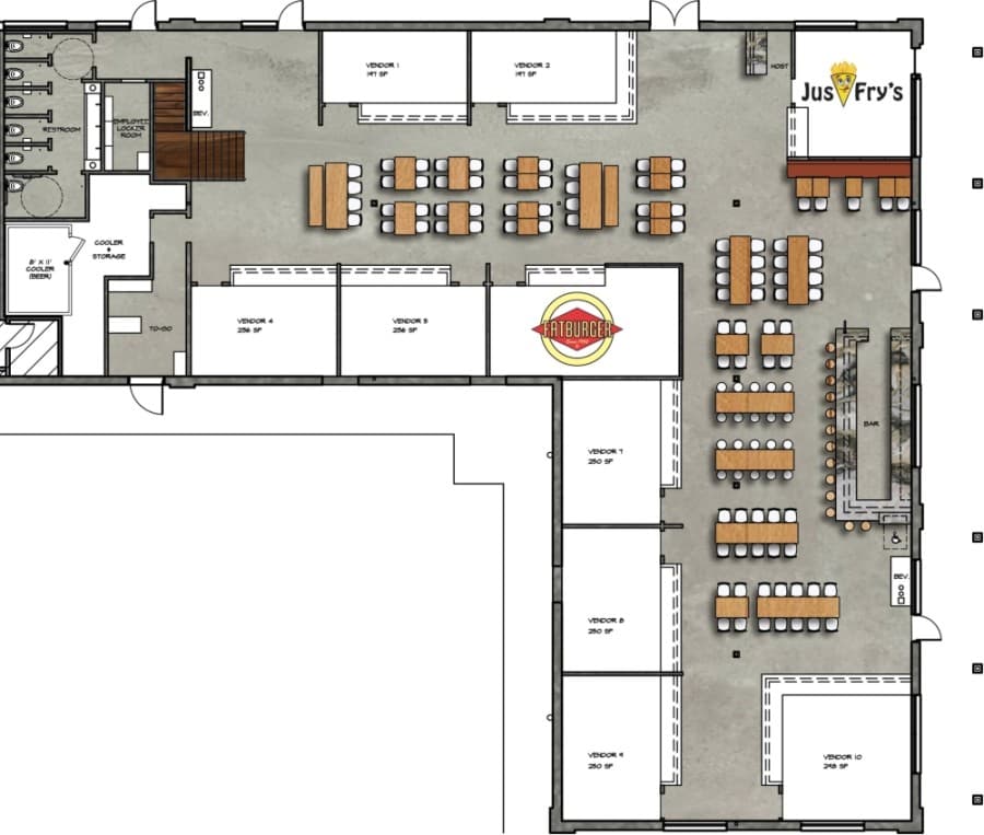 The first floor of the food hall will hold 10 vendors, including Fatburger and a French fries-focused concept. (Floor plan courtesy Main Street Food Hall)