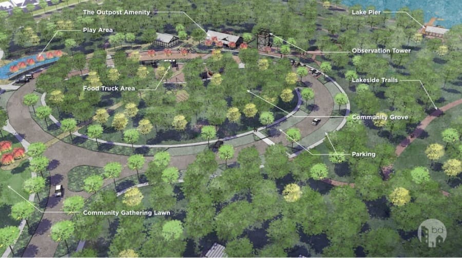 Painted Tree's Amenity Complex will feature a food truck area, an observation tower, a community gathering lawn and lakeside trails. (Rendering courtesy Oxland Development)