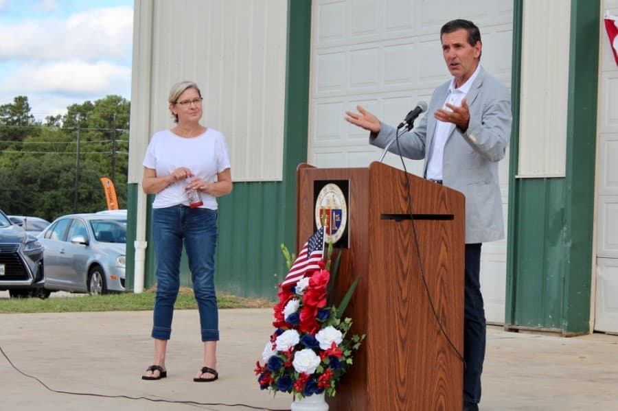 Bruce Broussard (right), CEO of Humana Inc., donated the land to the city for a park in late 2014. (Anna Lotz/Community Impact Newspaper)