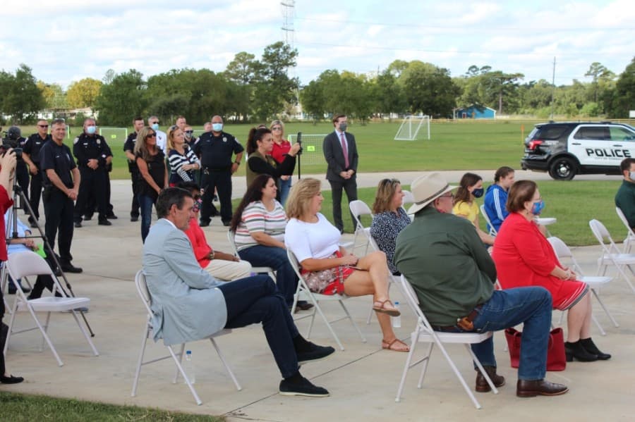 Public officials, dignitaries and staff from Harris County Precinct 4 and the city of Tomball attended the ribbon-cutting, which was also broadcast live on social media. (Anna Lotz/Community Impact Newspaper)