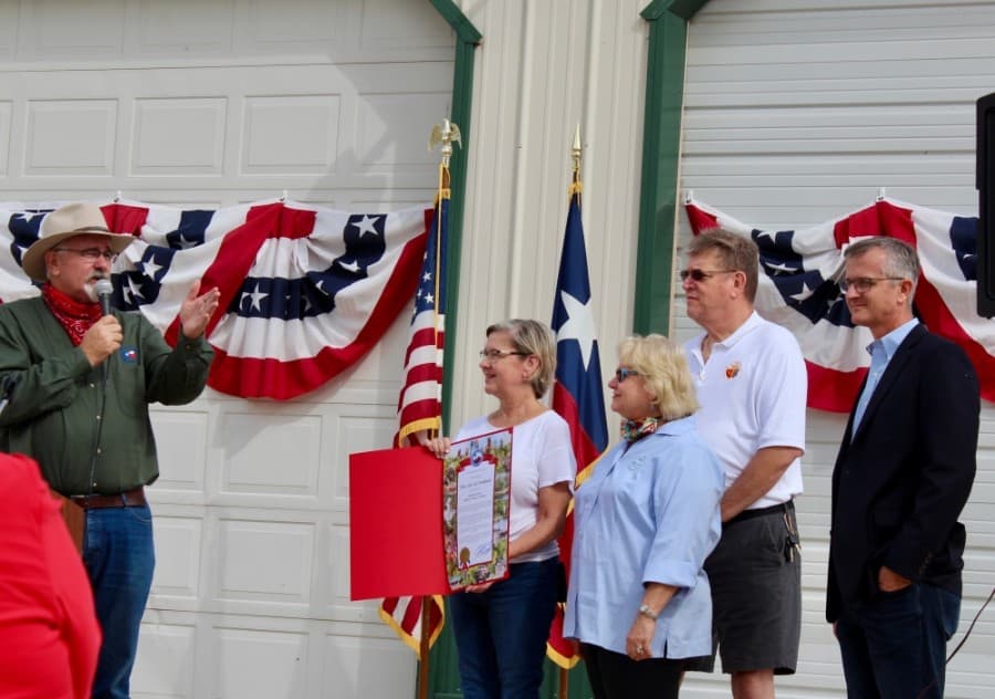 Precinct 4 Commissioner Jack Cagle presented a proclamation to elected officials with the city of Tomball—including Mayor Gretchen Fagan (center) and Council Members Lori Klein Quinn, Derek Townsend and Chad Degges—during the Sept. 25 event. (Anna Lotz/Community Impact Newspaper)