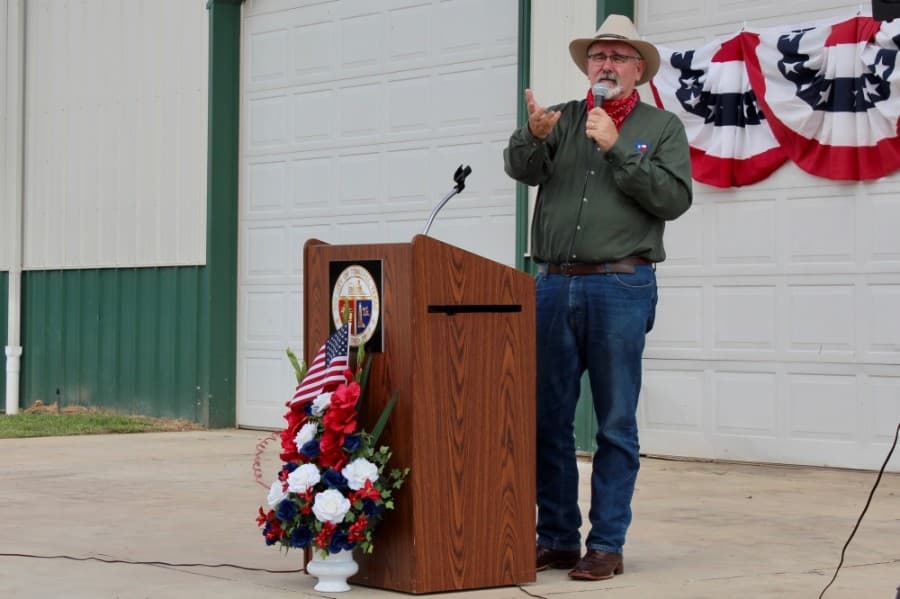 Precinct 4 Commissioner Jack Cagle speaks during the Sept. 25 event, praising the partnership between the city of Tomball and Harris County Precinct 4. (Anna Lotz/Community Impact Newspaper)