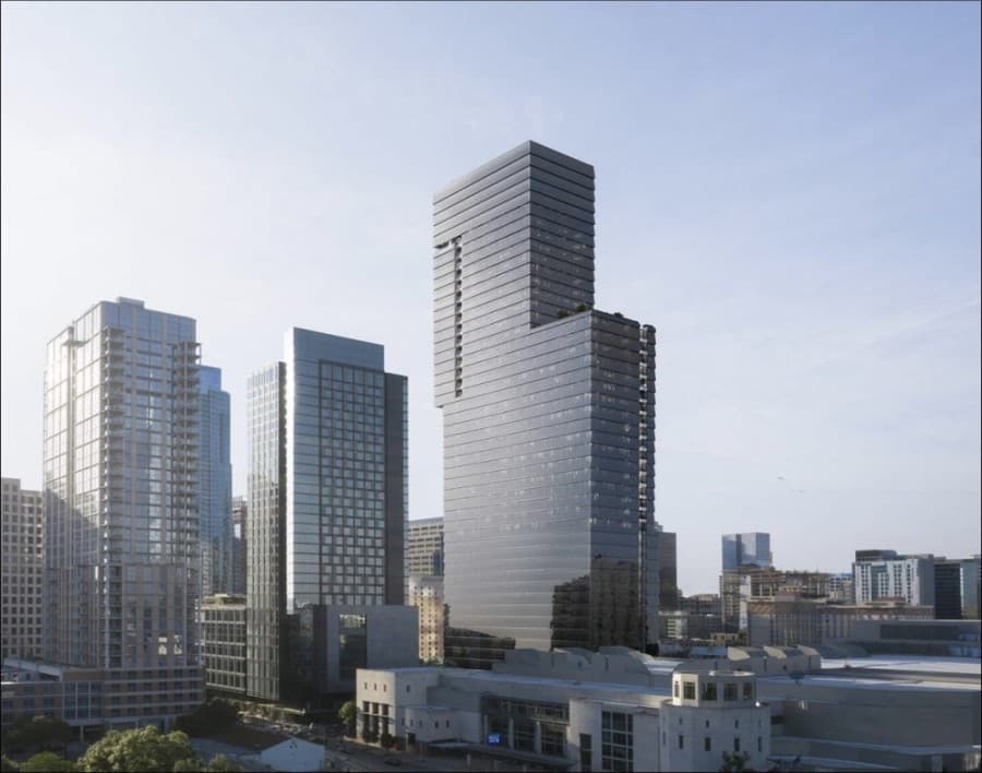 Block 16 is a proposed 47-story office and retail tower on East Second Street. (Rendering courtesy city of Austin/Manifold Architects)