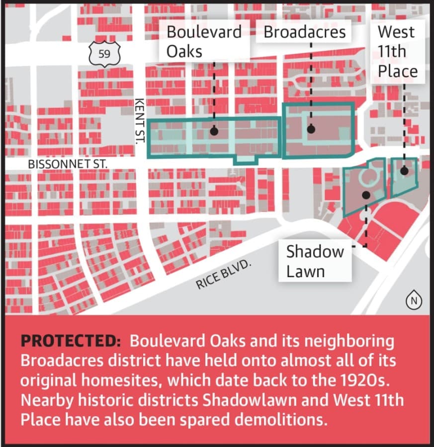 Properties shaded red were residential structures built in 1970 or prior. Gray properties were built after 1970. Light-gray is nonresidential property. (Source: Harris County Appraisal District)