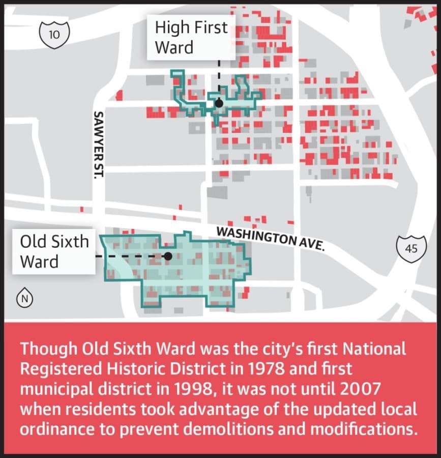 Properties shaded red were residential structures built in 1970 or prior. Gray properties were built after 1970. Light-gray is nonresidential property. (Source: Harris County Appraisal District)
