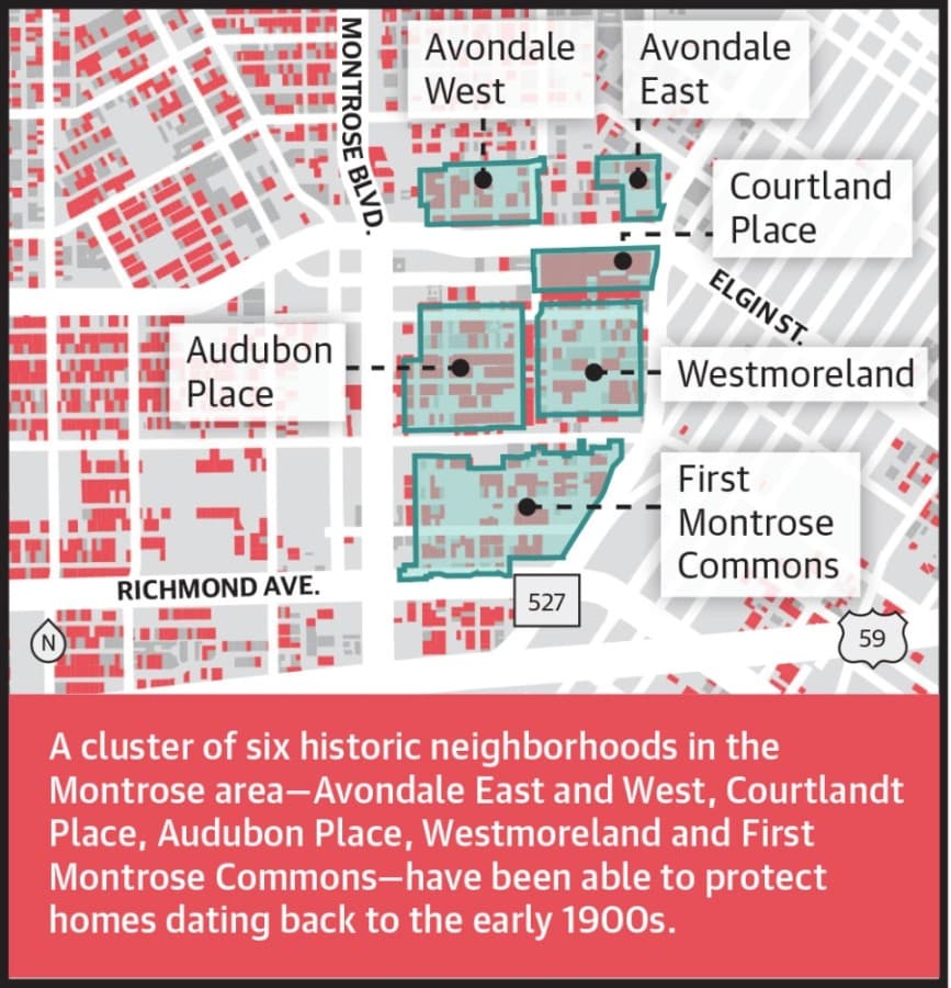 Properties shaded red were residential structures built in 1970 or prior. Gray properties were built after 1970. Light-gray is nonresidential property. (Source: Harris County Appraisal District)