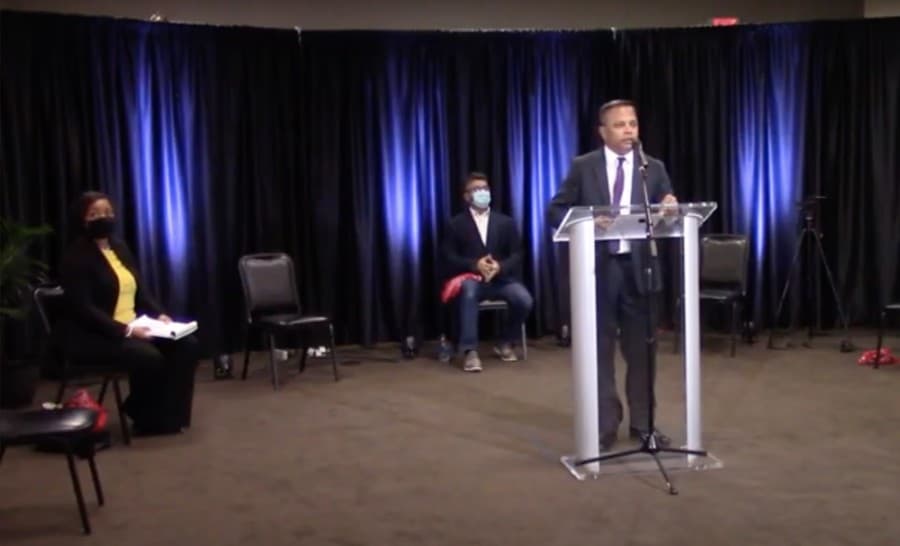 For the Frisco ISD board of trustees Place 4 race, Dynette A. Davis (left), Muni Janagarajan (right) and Amit Kalra (center) attended the candidate forum. (Screenshot courtesy Frisco Chamber of Commerce)