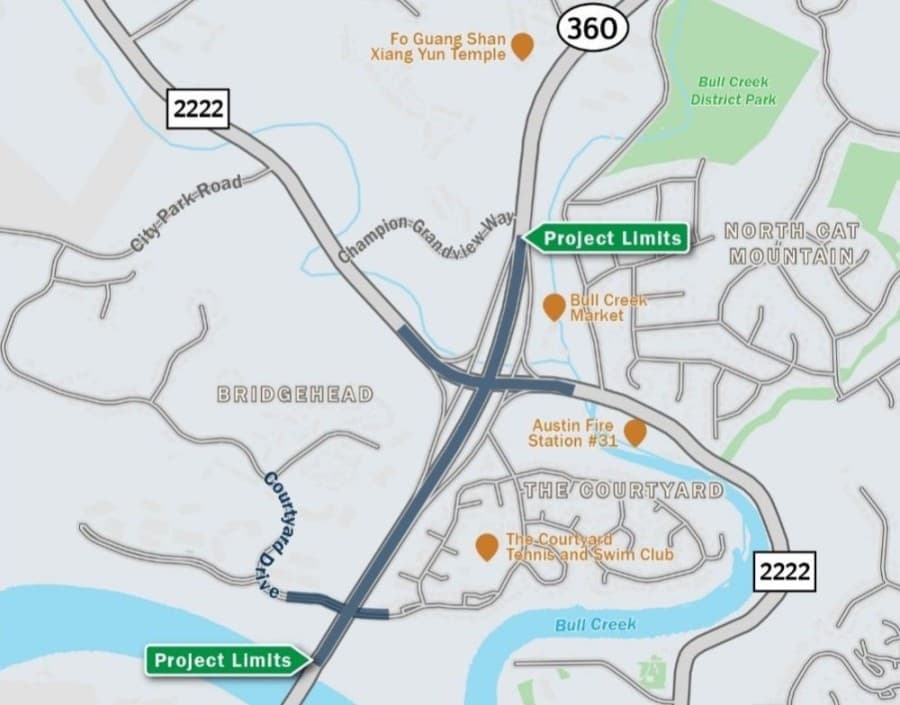 This map provided by the Texas Department of Transportation shows the location of the planned intersection improvements at RM 2222 and Courtyard Drive on Loop 360. (Courtesy Texas Department of Transportation)