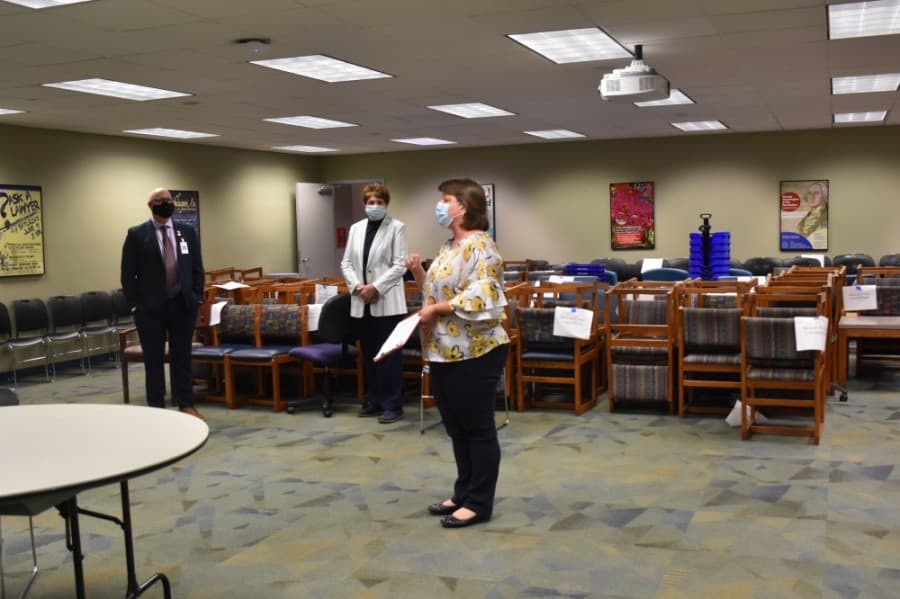 The basement program room in the library is used by several different groups, according to library staff. Before the pandemic, the room could fit 150 people. Now, because of social distancing, only about 30 people can be in the room in the same time, according to library staff. (Makenzie Plusnick/Community Impact Newspaper)