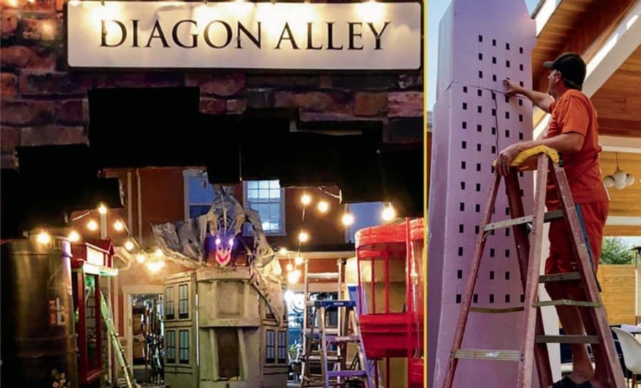 South Austin resident Joel Pace has been constructing an outdoor Harry Potter-themed lawn display this year for Halloween, which he said is a safer alternative to the immersive, haunted-house style (left) event he has set up in past years. (Courtesy Joel Pace)