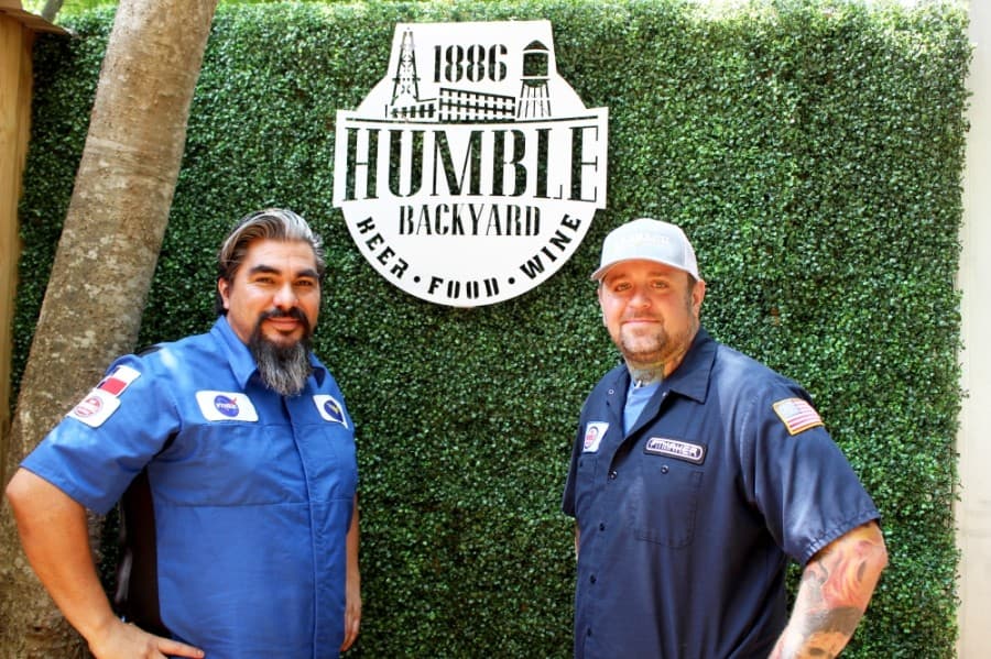1886 Humble Backyard co-owner Victor Howard (left) stands with General Manager Jason Kersey. (Kelly Schafler/Community Impact Newspaper)