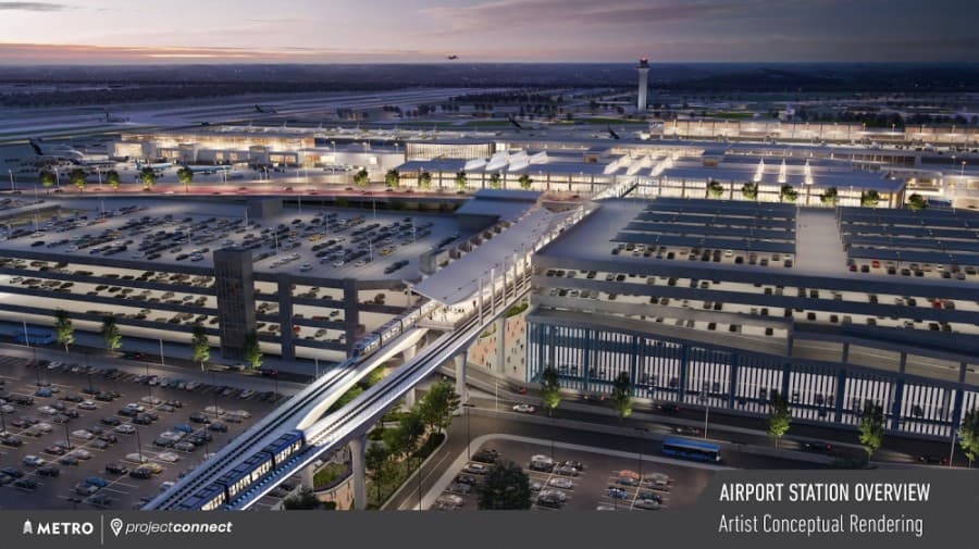 Capital Metro released new renderings Oct. 26 of its proposed Project Connect expansion, which voters will decide Nov. 3. This rendering shows a Blue Line light rail train at the Austin-Bergstrom International Airport. (Rendering courtesy Capital Metro)