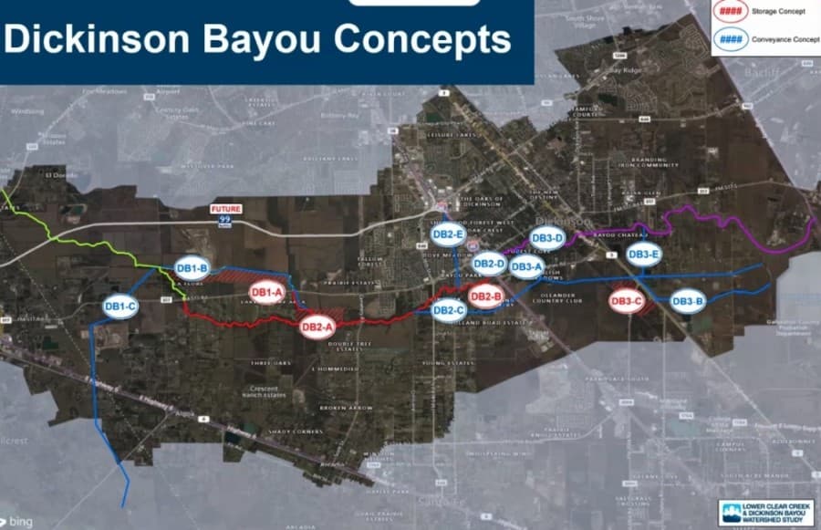 Consultants share possible regional flood solution concepts for Dickinson Bayou
