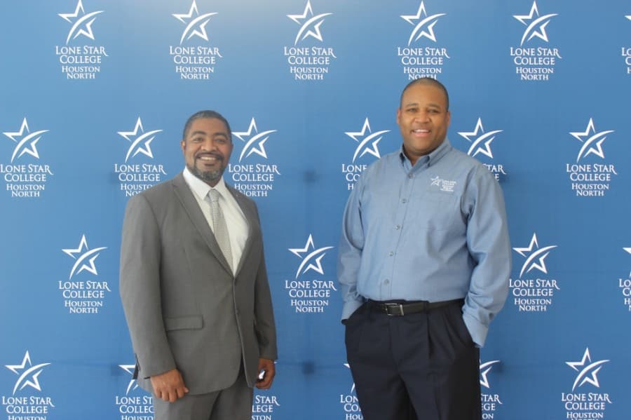 LSC-Houston North President Quentin Wright (left) said the new campus was funded through a partnership with Fallbrook Church, spearheaded by senior pastor Michael Pender (right). (Hannah Zedaker/Community Impact Newspaper)