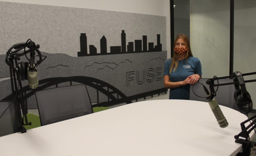 The coworking space offers members access to a podcasting studio. (Brian Perdue/Community Impact Newspaper)