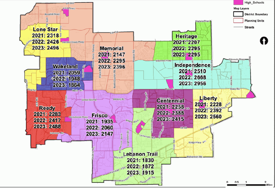 2020-2021 Frisco ISD high school school attendance zones. (Courtesy Frisco ISD)