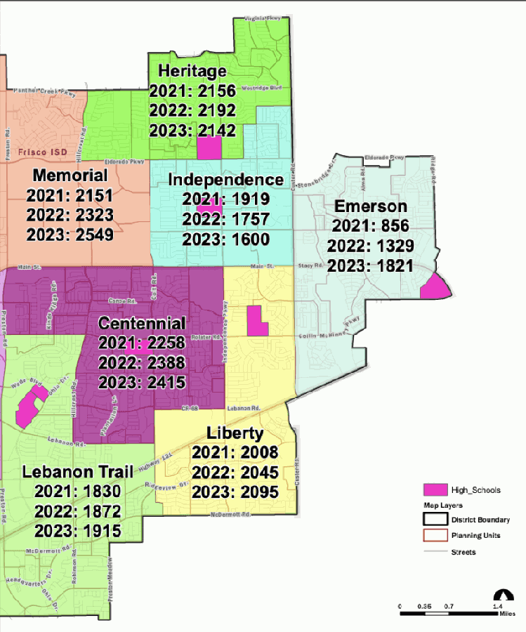 School attendance zone plans proposed by Frisco ISD at the Nov. 9 school board meeting would impact students attending Independence and Liberty High School. (Courtesy of Frisco ISD)