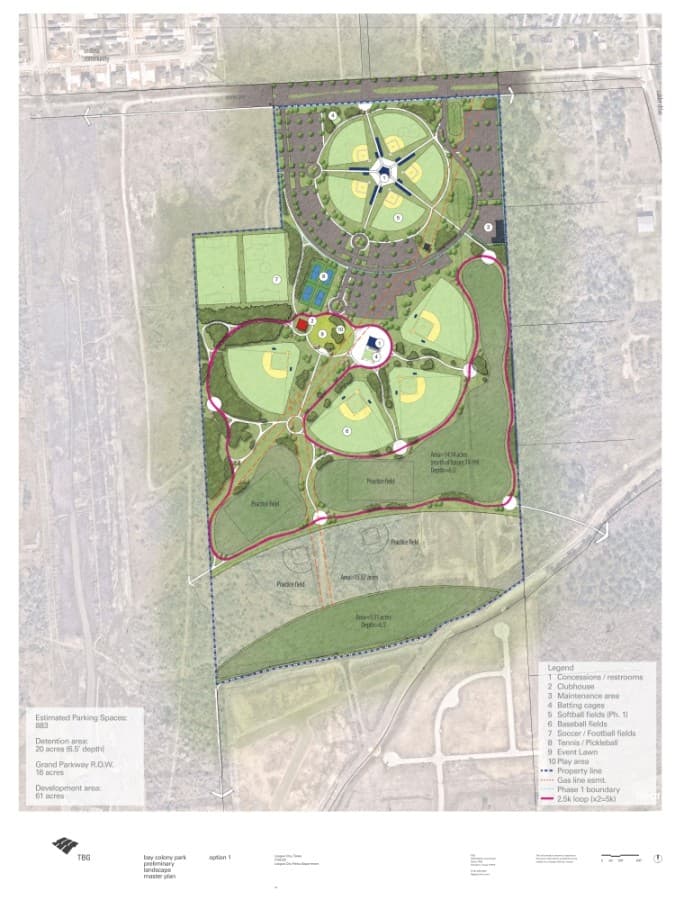 Consultant TBG Partners presented two layout options for the future Bay Colon Park. This is the first option. (Courtesy city of League City)