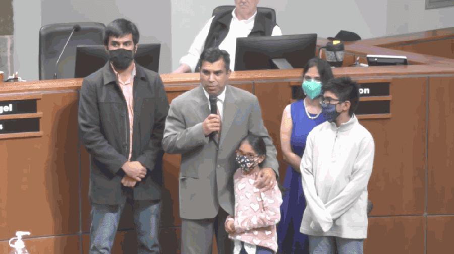 Council Member Sandeep Sharma recites the oath of office Nov. 16 following his re-election to the Flower Mound Town Council. Sharma defeated challenger David Johnson. (Screenshot from town of Flower Mound video)