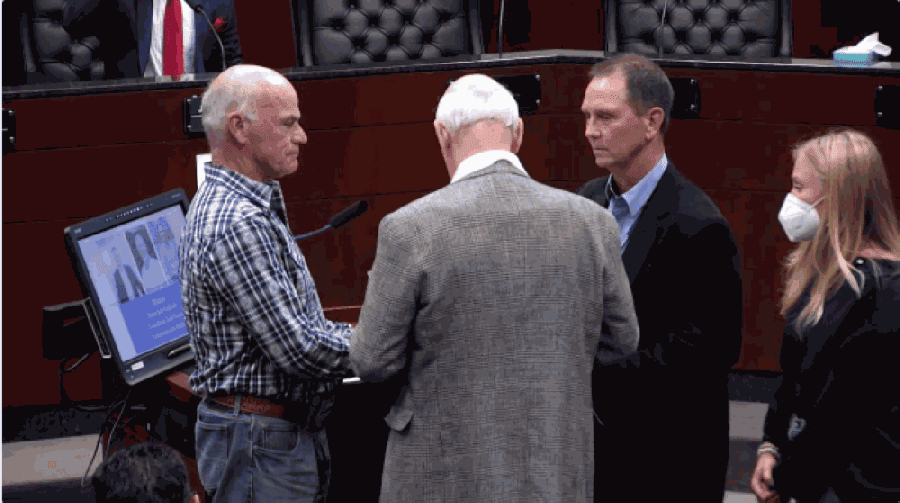 Todd Yancey, right, was sworn into Place 1 on Nov. 17. (Screenshot courtesy city of Conroe)