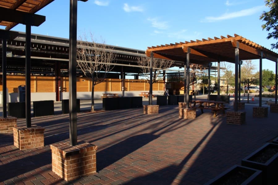 The back of the food hall near the Frisco Fresh Market will house a beer garden. (Elizabeth Uclés/Community Impact Newspaper)