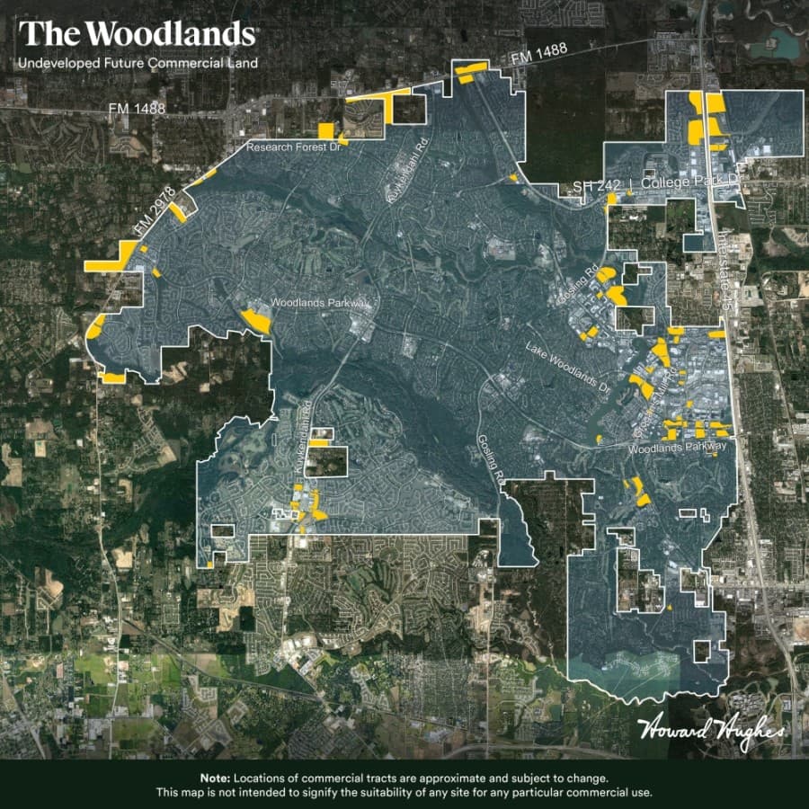 Segments highlighted in yellow on the Howard Hughes Corp. map of The Woodlands show where commercial property will be developed in the future. (Courtesy Howard Hughes Corp.)