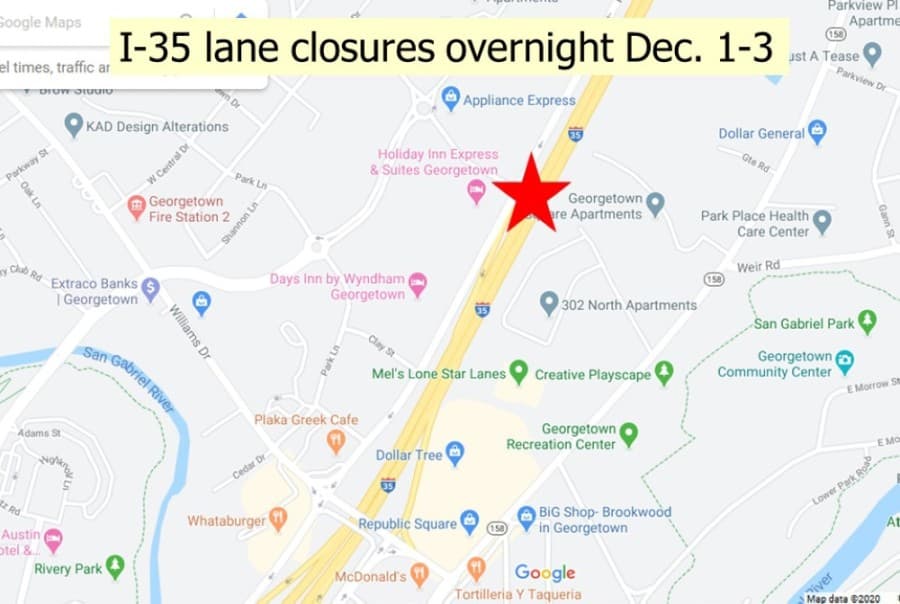 Georgetown residents should expect overnight lane closures on I-35 Dec. 1-3