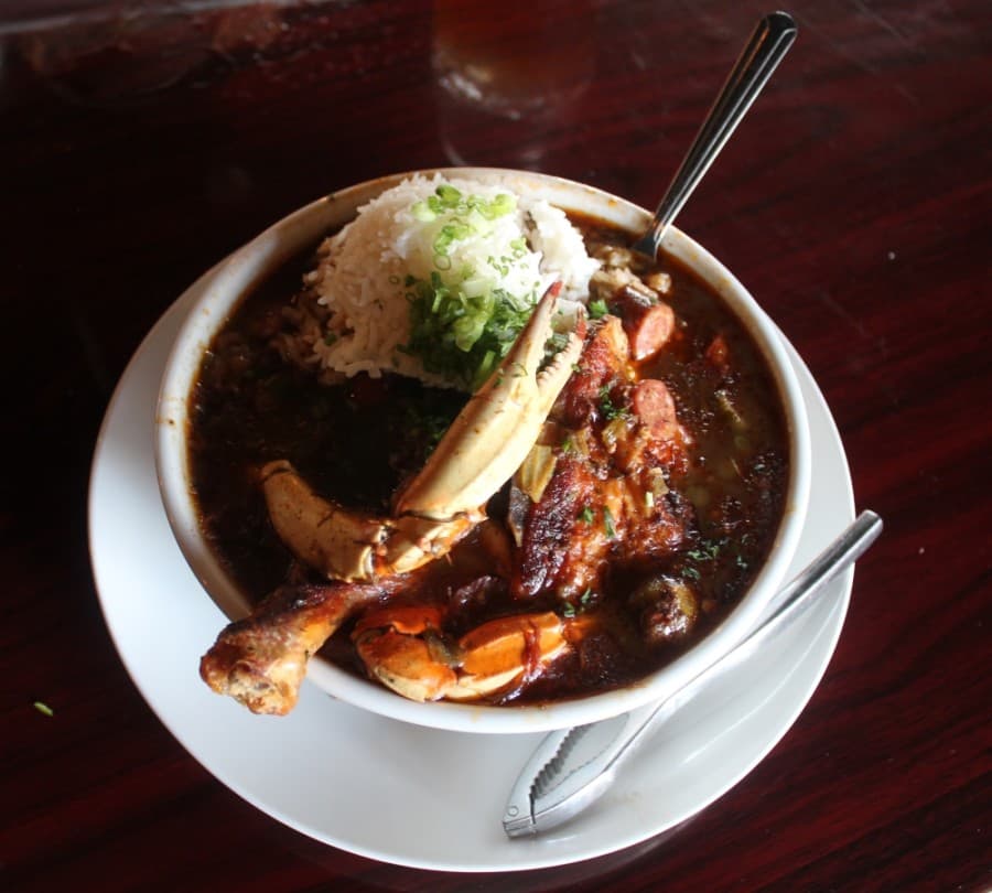 Gumbo: chicken, sausage, okra, blue crab, shrimp and a boiled egg ($7 a cup, $13.50 a bowl).