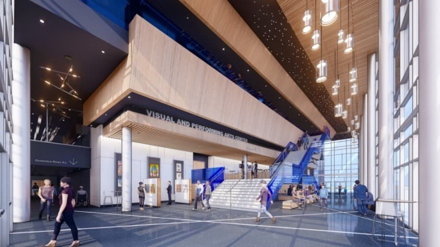 Student artwork will be displayed in the lobby of the new arts facility. (Rendering courtesy PBK Architects)