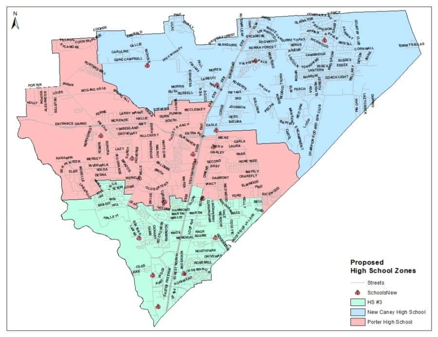 These are the proposed attendance zones for high school students in New Caney ISD. (Courtesy New Caney ISD)
