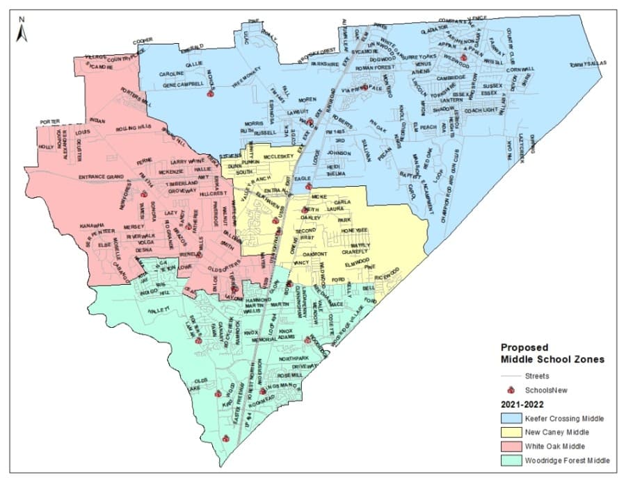These are the proposed attendance zones for middle schools in New Caney ISD. (Courtesy New Caney ISD)
