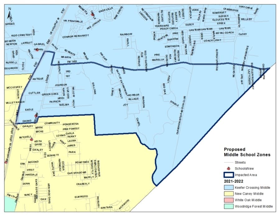 This is the impacted area of rezoning for middle school students in New Caney ISD. (Courtesy New Caney ISD)