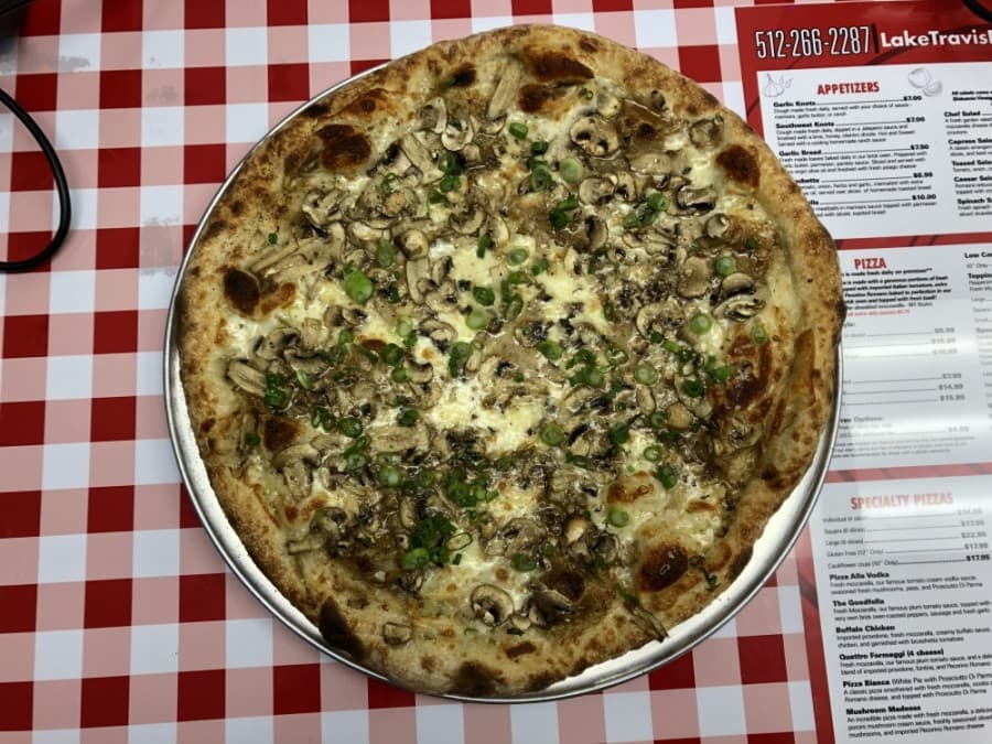 A popular option at Lake Travis Pizza is Max's Mushroom Madness, which is named after the Mirra's son. (Amy Rae Dadamo/Community Impact Newspaper)