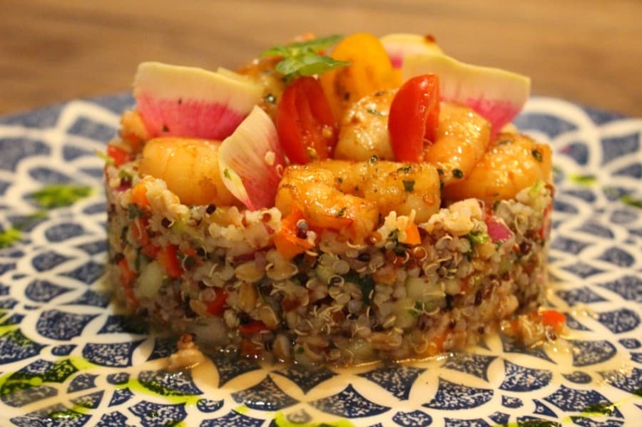 Shrimp, quinoa and farro salad combines seafood with grains. ($18) (Andrew Christman/Community Impact Newspaper)